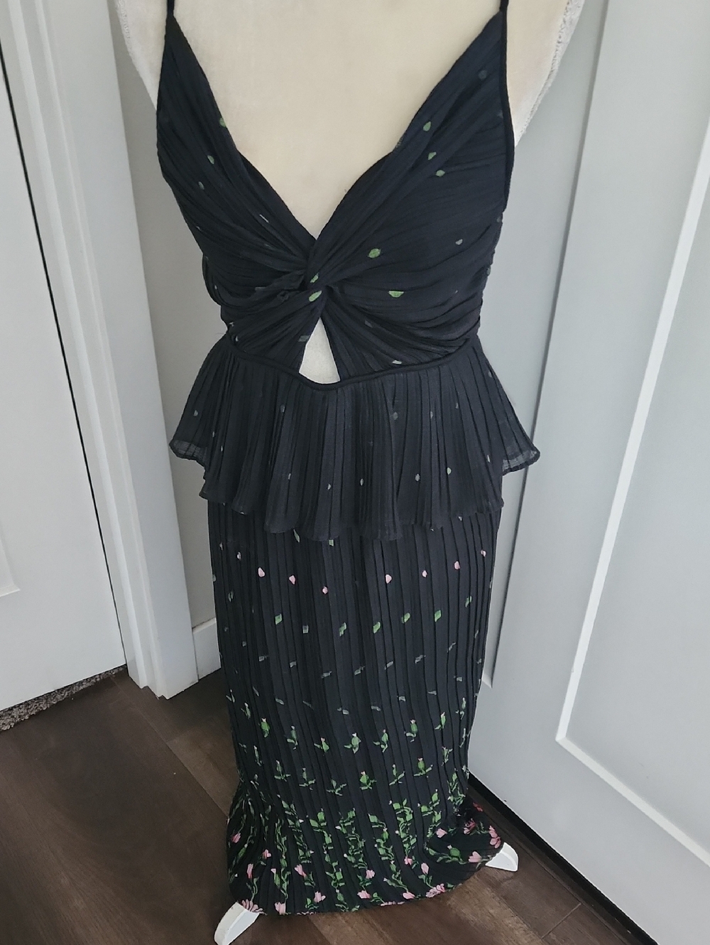 Sabina Musayev Black Maxi Dress with Pink and Green Floral Accents Cutout